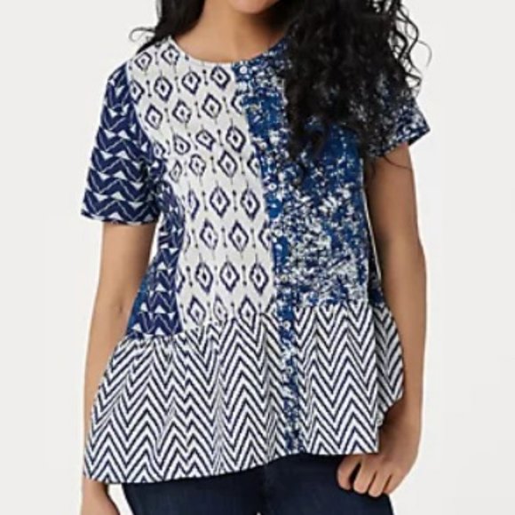 LOGO by Lori Goldstein Tops - LOGO Mixed Print Button Front Blouse Top  7545